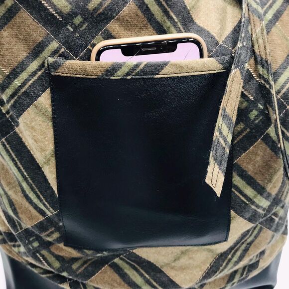 Brown Plaid Cotton w Faux Leather Accents and Pockets Basic Market Tote Bag - Picture 4 of 5